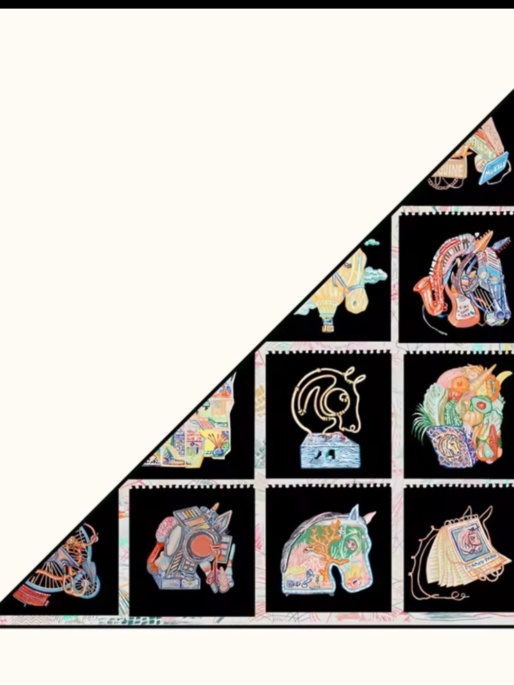 Silk Scarf Panel with Colorful Animal Motifs - Black & Cream